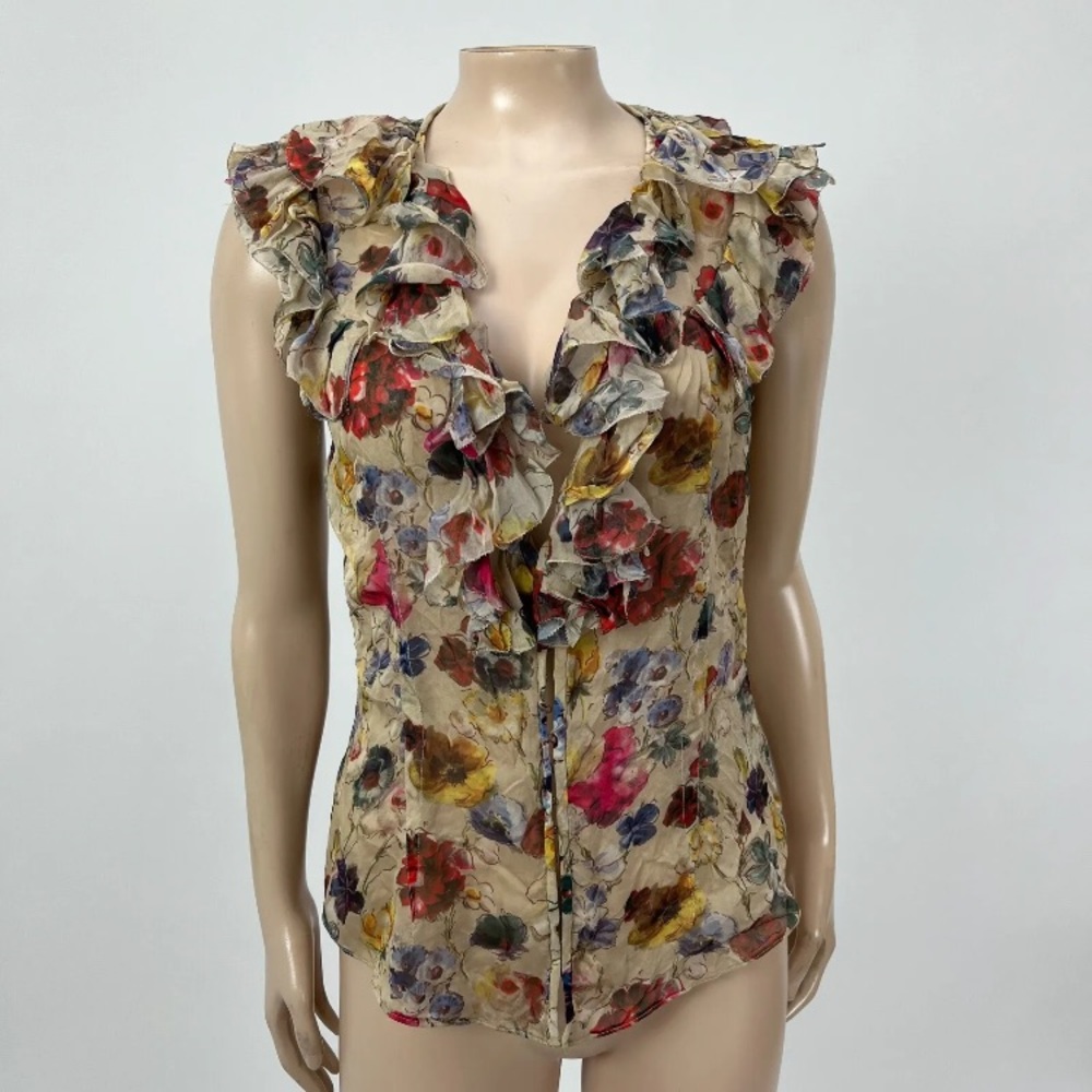 EUC - D&G Romantic Richly Colored Semi Sheer Floral Short Sleeve Ruffled Blouse
